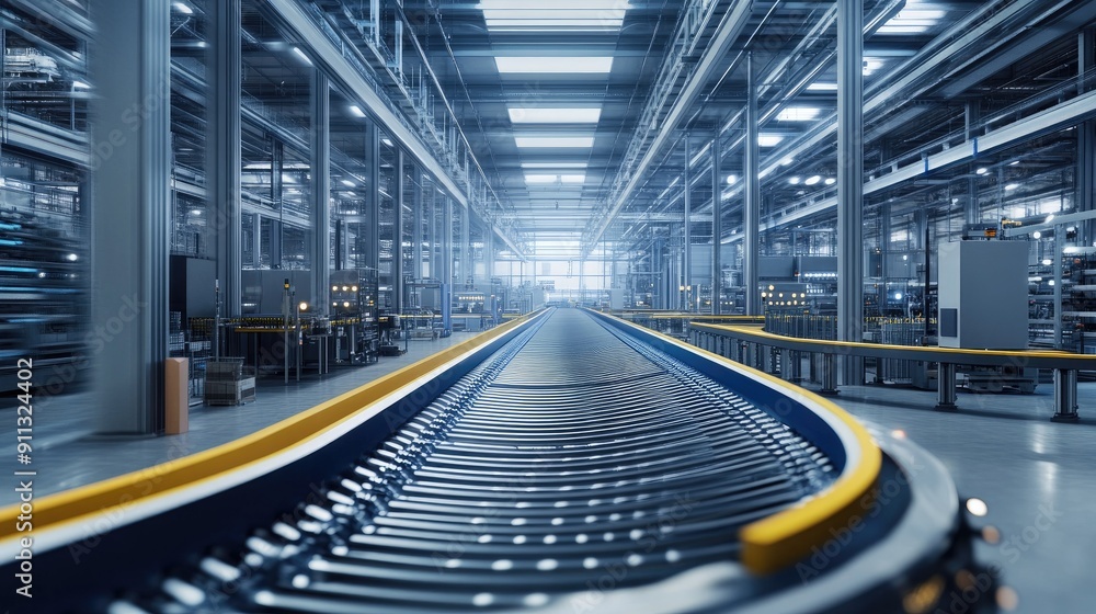Poster conveyor belt system in a high-tech factory, highlighting the importance of automation.