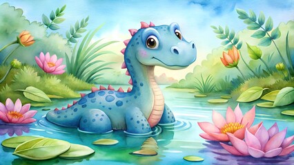 Obraz premium A Day at the Blue Lagoon: Watercolor Dinosaur with Water Lilies Generative AI