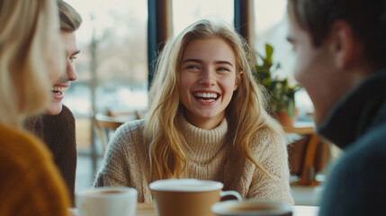 Fototapeta premium A Friends happily sit and drink coffee at a cafe