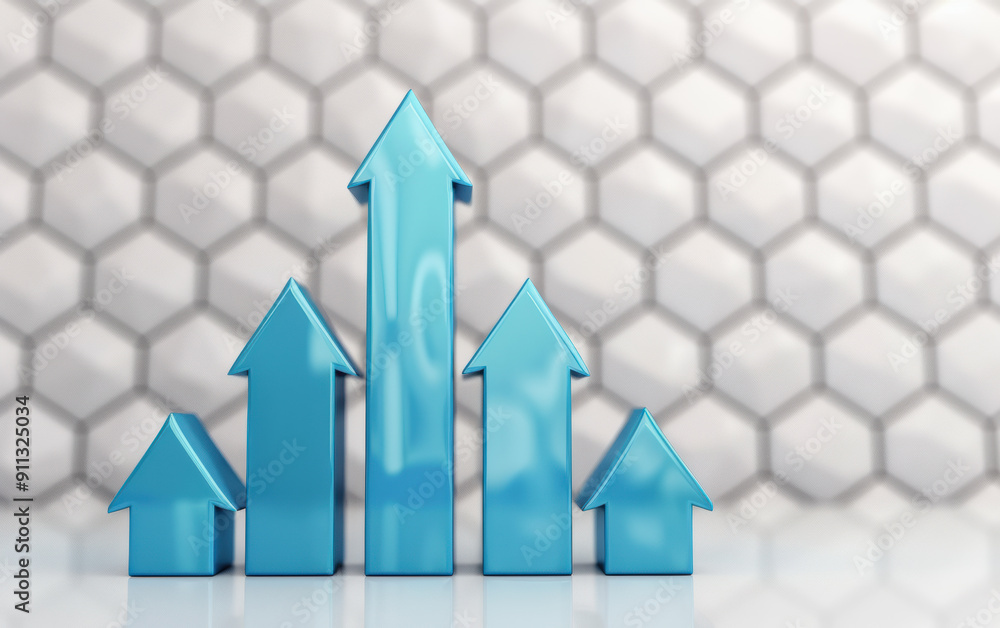 Poster blue arrows pointing upward in front of a hexagonal pattern, symbolizing growth and success. ideal f