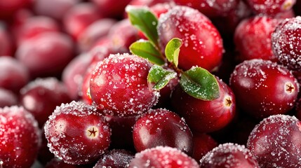   A pile of fresh cranberries, covered in a layer of frost and topped with a green leaf