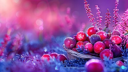   A basket overflowing with numerous purple and red orbs atop a field blanketed in purple and red flora