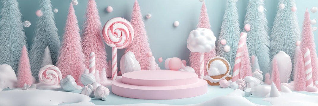Winter wonderland product display podium with pink and blue Christmas trees, candy canes, lollipops, and a pastel-colored podium as the central focus