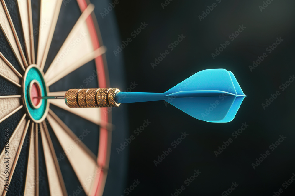 Poster a close-up of a dart perfectly hitting the center of a dartboard, symbolizing precision, accuracy, a