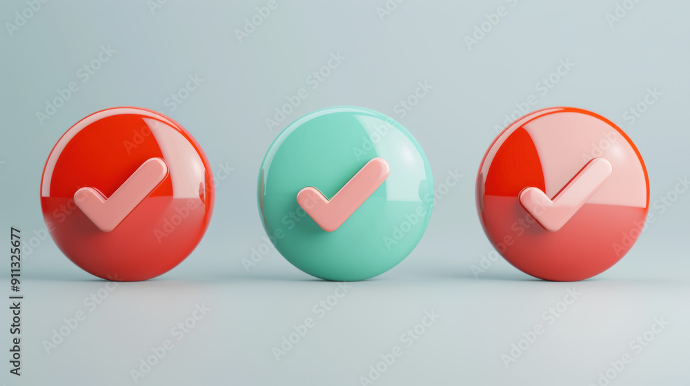 Fototapete three colorful spheres with check marks symbolizing approval and validation, arranged in a row on a 