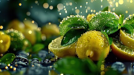   Lemons with water-drenched leaves on a wet surface