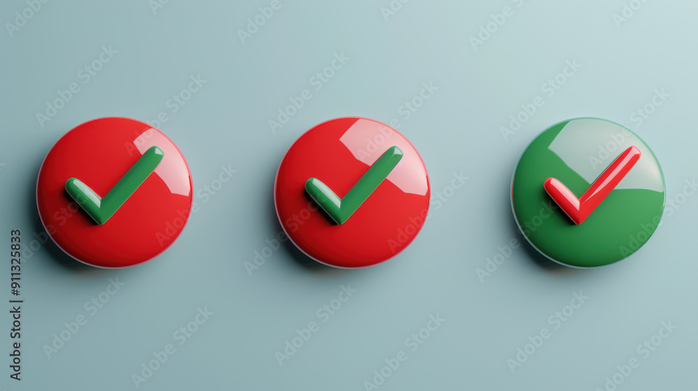 Poster three colorful check marks on round buttons against a light background, highlighting green check mar
