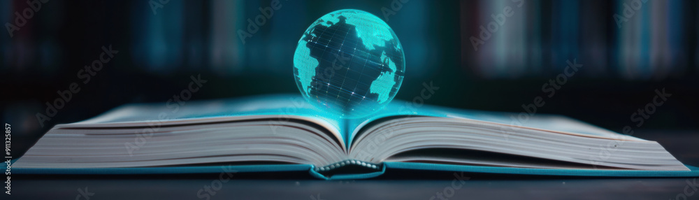 Poster digital globe hologram over open book in library, showcasing the concept of technology in education 