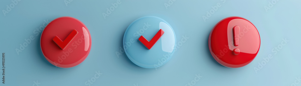 Poster three glossy buttons with checkmarks and exclamation mark on blue background. concept of decision ma