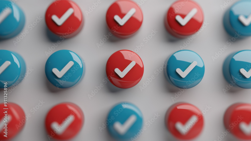 Poster a collection of red and blue checkmark buttons arranged in a grid pattern, symbolizing choice, appro