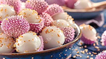 Obraz premium A bowl brimming with white and pink sprinkles adjacent to a bowl laden with pink and gold sprinkles