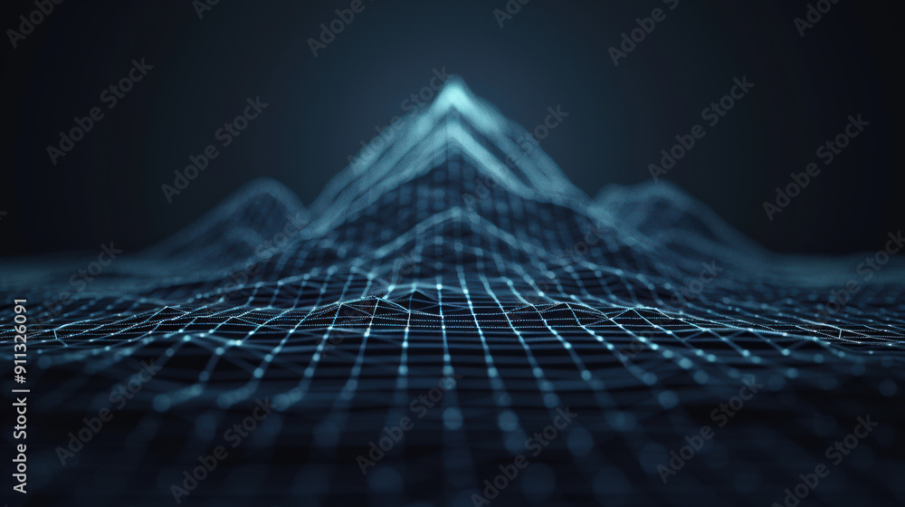 Poster a futuristic digital landscape featuring a grid of interconnected lines forming peaks and valleys, i