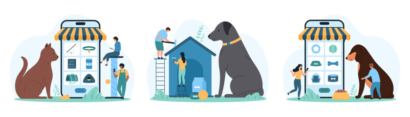 Pet care and online shopping set. Tiny people building dog kennel for cute giant puppy, choose food and toys purchases in menu on smartphone screen for dog and cat cartoon vector illustration