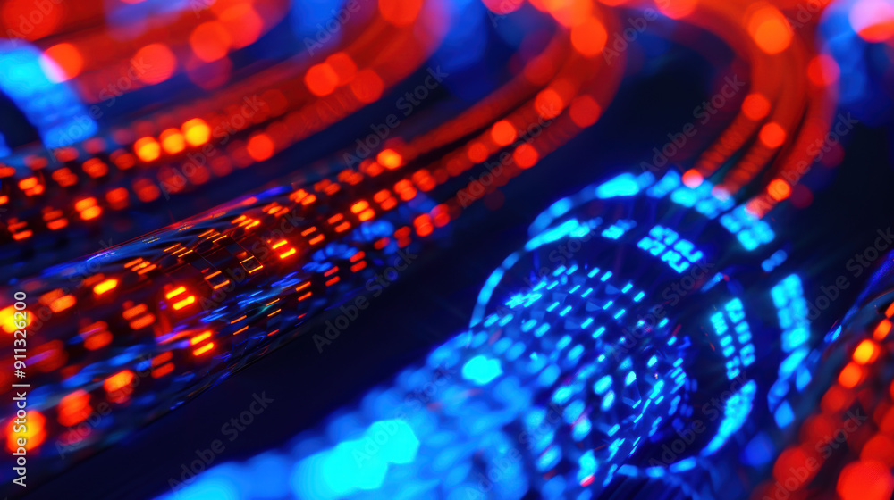 Poster close-up view of vibrant blue and red led light trails in a futuristic and abstract design, represen