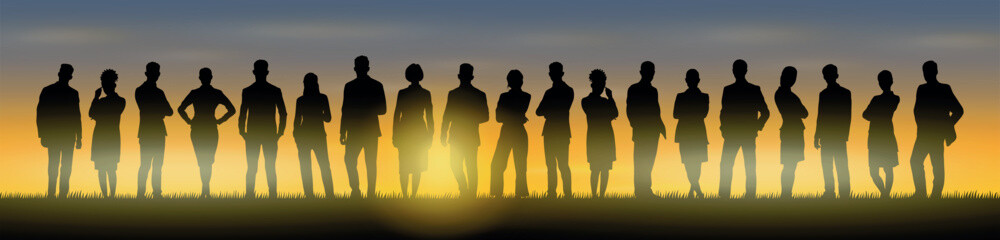 Fototapeta premium Silhouette group of people standing together on hill in evening with sunset background.