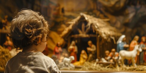 Child Observing Nativity Scene with Figurines in a Christmas Setting