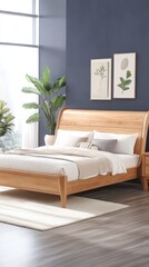 A beautifully crafted wooden bed set with bedside tables enhances the elegance of the modern bedroom, filled with natural light and stylish decor elements
