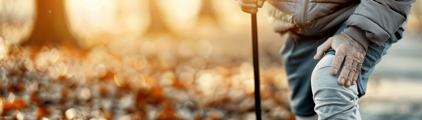 Elderly Person Experiencing Knee Pain While Walking in Nature