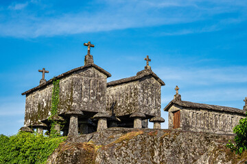 The communitarian granaries, called espigueiros, in the village of Soajo, Peneda National Park, Northern Portugal