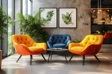 Coworking space interior. Bright armchairs and pillows in a bright large room for working, relaxing and meeting with friends.