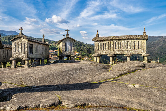 The communitarian granaries, called espigueiros, in the village of Soajo, Peneda National Park, Northern Portugal
