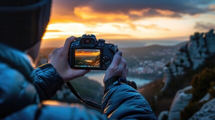 A camera on a tripod captures a cityscape at sunset, with a blurred urban skyline in the background, highlighting the beauty of photography during golden hour
