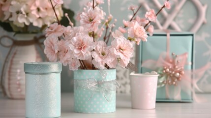 Floral Arrangement with Gifts in a Pastel Setting