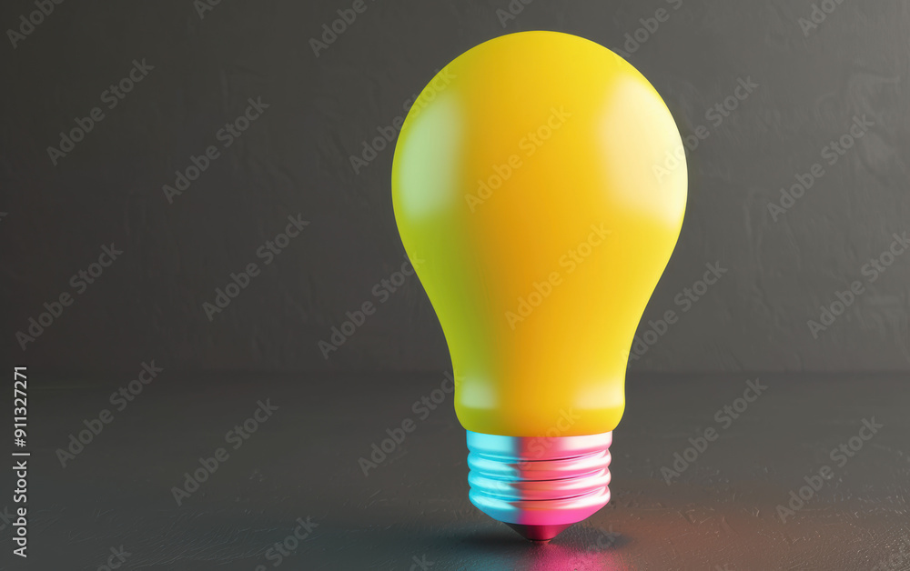 Poster minimalist image of a bright yellow light bulb with colorful gradient highlights on a dark backgroun