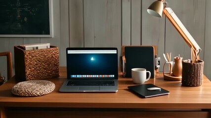 Video footage of  neatly organized work desk with various items,desk lamp with an adjustable arm is positioned to the left, casting light across the desk