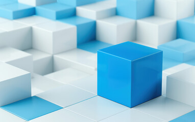Abstract image featuring a blue cube standing out among white cubes, symbolizing uniqueness, individuality, and innovation in a structured environment.