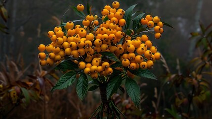   A close-up of oranges on a leafy plant amidst foggy background