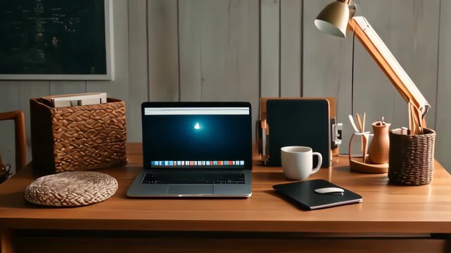 Video footage of  neatly organized work desk with various items,desk lamp with an adjustable arm is positioned to the left, casting light across the desk