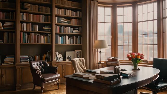 Video footage of  well lit, classic home office or study room. The room features a large wooden desk with neatly arranged items including books, a lamp, and laptop