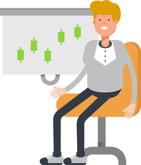 Male Character Presenting Candlestick Chart
