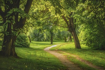 Sunlit path winding through lush green forest.