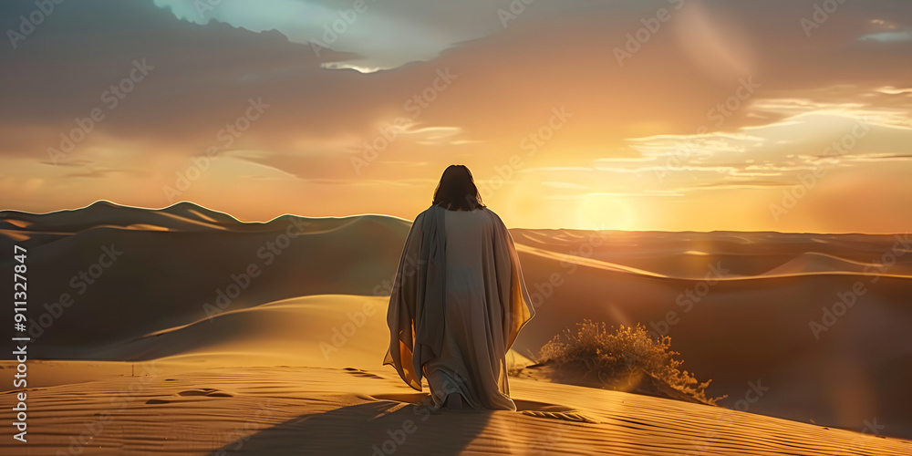 Wall mural jesus in desert offers redemption and hope to those in need. concept religious, 