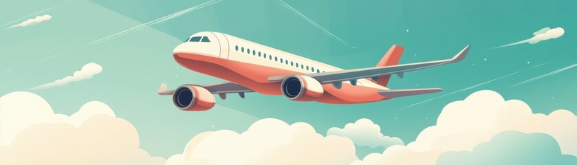 A vibrant airplane soaring through a clear blue sky, surrounded by fluffy white clouds, symbolizing travel and adventure.