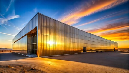 Obraz premium A Crimson Oasis: Futuristic Architecture in the Desert at Sunset Generative AI