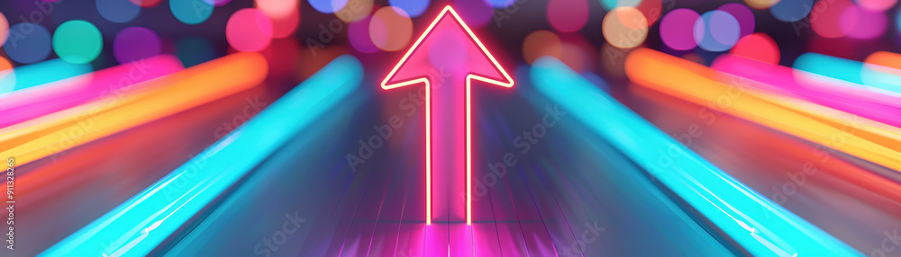 Poster vibrant neon arrow pointing forward, surrounded by colorful light trails and bokeh background, symbo