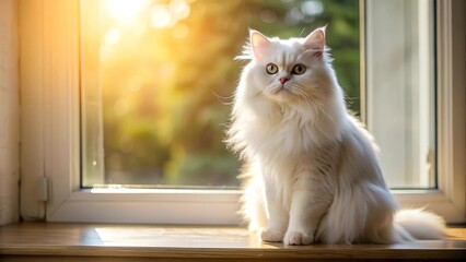 A Persian's Grace: A White Persian Cat Gazing at a Sunlit Window  generative AI