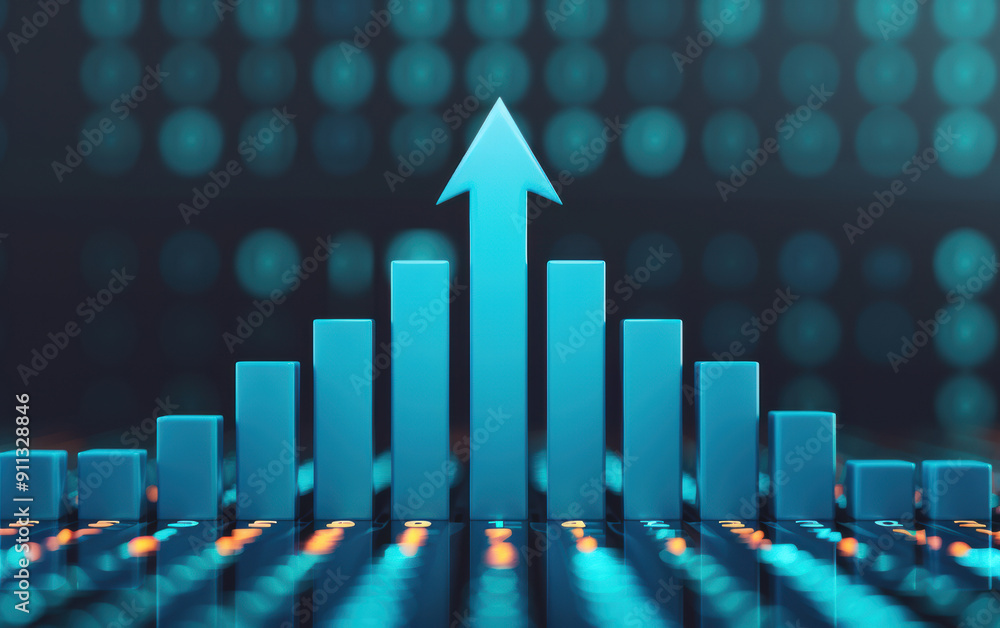 Poster blue bar graph with an upward arrow indicating growth and progress, featuring a blurred bokeh backgr