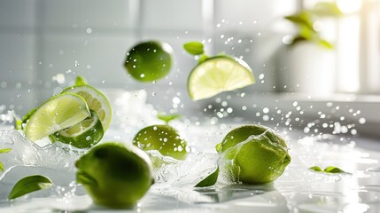   A cluster of limes with water spraying around them and a lime wedge positioned at the center of the photo
