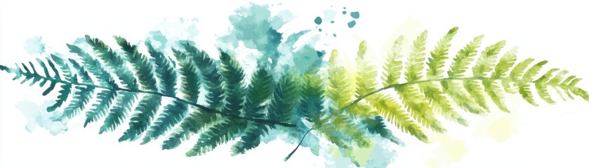 Obraz premium A vibrant watercolor illustration of lush ferns showcasing rich green hues and artistic splashes, perfect for nature-themed designs.