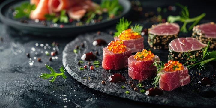 Gourmet appetizers with caviar, venison, tuna and salmon. Ai generation