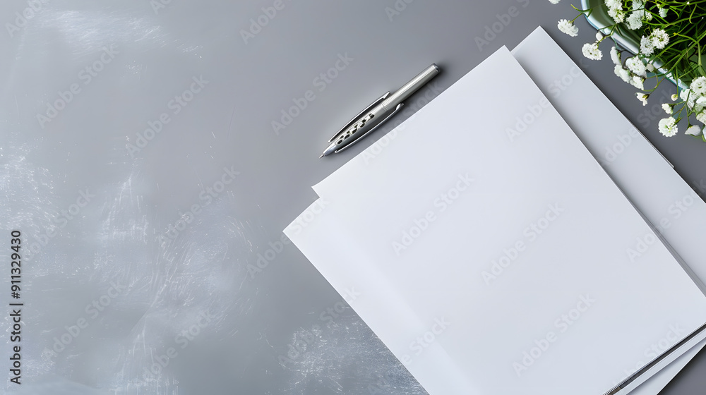 Aufkleber white paper and pen on gray background with space for text top down view of work area