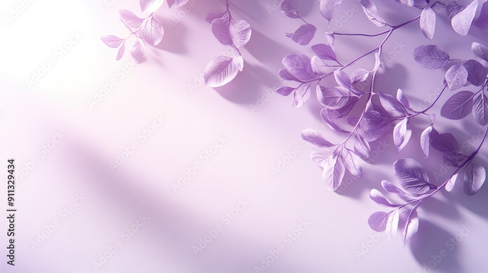 Poster elegant white and purple background with leaf shadows, creating a serene studio setting for showcasi