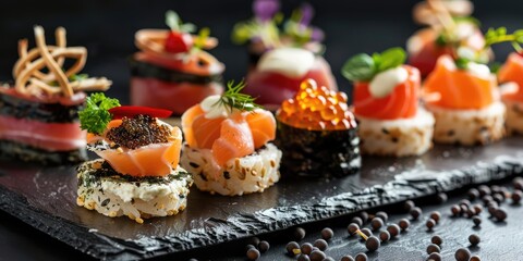 Gourmet appetizers with caviar, venison, tuna and salmon. Ai generation