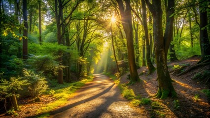 Obraz premium Sun-Dappled Forest Path AI Generated