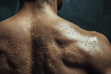 Naklejka premium Detailed close-up of a muscular male back covered in sweat droplets, highlighting physical strength, fitness, and intense workout effort