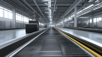 Empty conveyor belt with automated guides and safety features, ready for production.